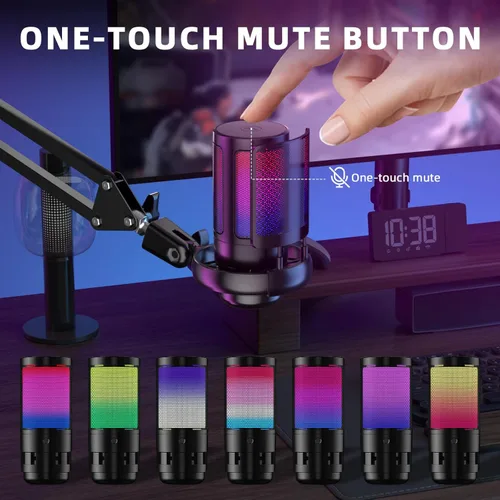 Vista 3 de Micrófono USB para juegos para PC, kit de micrófono de podcast para transmisión, micrófono de condensador con silencio rápido, brazo articulado