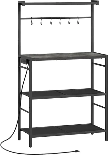 Vista 11 de MAHANCRIS Estante de panadería con toma de corriente, estante de almacenamiento para cocina con 6 ganchos, soporte para microondas