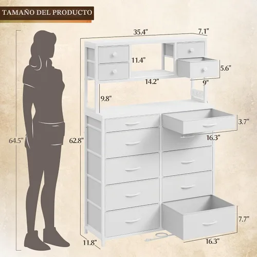 Vista 3 de EnHomee - Cómoda de 160 cm de alto para dormitorio con 14 cajones de tela, cómoda blanca con estación de carga y luces LED, cómodas y arcones