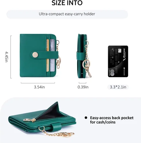 Vista 4 de POIUGOYA Billetera delgada para mujer, con bloqueo RFID, plegable, tarjetero con cremallera y bolsillo para monedas, ventana para identificación