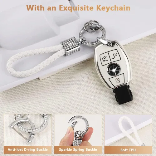 Vista 4 de PIFOOG Funda para llavero de TPU con cadena de llaves brillante, fundas de protección de botones para llaves de entrada sin llave, blanco plateado