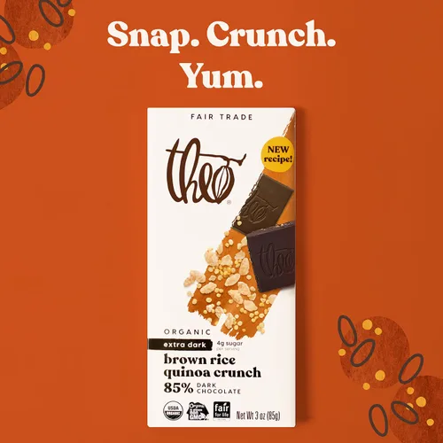 Vista 3 de Theo Organic Fairtrade Black Rice Quinoa Crunch 85% Dark Chocolate Bar, Vegan, 3-oz (Pack de 6)