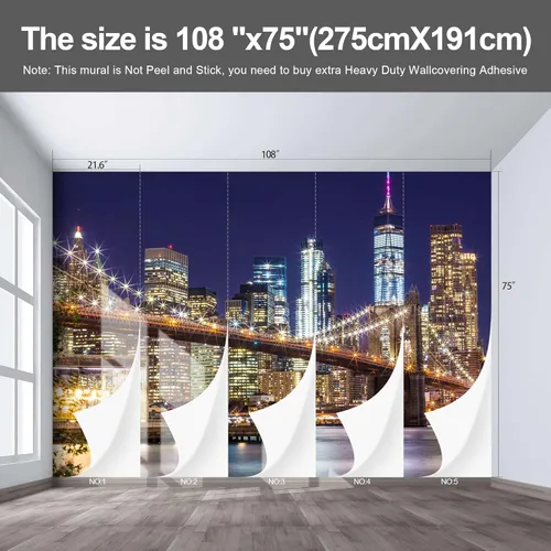 Vista 3 de Mural con vista a la ciudad del puente de Brooklyn, sofás de sala de estar, murales de pared extra grandes, papel tapiz de ciudades de Nueva York