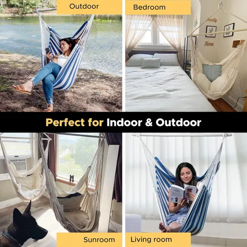 Vista 5 de ADVOKAIR Silla hamaca colgante silla columpio de cuerda XXL – Máximo 500lbs, silla hamaca columpio grande de 70in – Barra separadora de acero