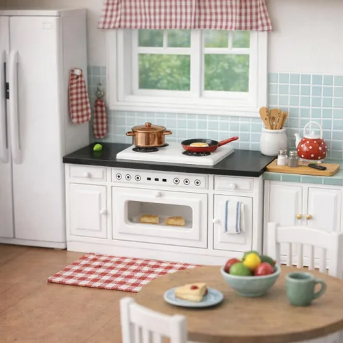 Vista 2 de Estufa de cocina de casa de muñecas de madera, mini horno blanco con quemadores y rango, muebles de gabinete a escala 1:12 para muñecas de 6