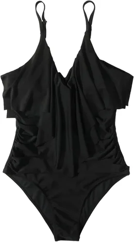 Vista 4 de SUUKSESS Trajes de baño de una pieza con volantes adelgazantes para mujer, con control de abdomen y fruncido