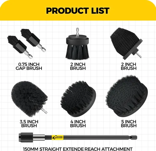 Vista 2 de Holikme Juego de 8 accesorios de cepillo para taladro, cepillo de potencia con accesorio de extensión largo, suministros de limpieza, fregar, Negro