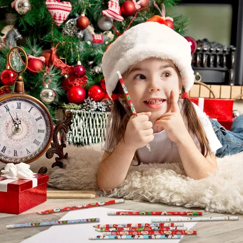 Vista 3 de Outus 72 lápices de Navidad con borrador, lápices navideños con elementos navideños de Papá Noel, alce, trineo, campana para suministros de fiesta