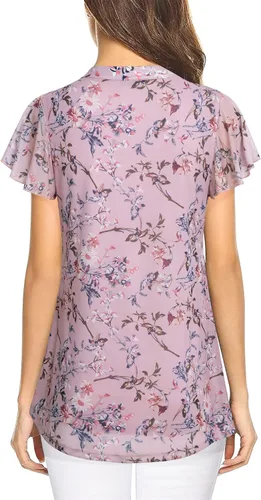 Vista 4 de Youtalia Blusa casual de manga corta para mujer, cuello en V, con muesca, estampado floral, blusas elegantes