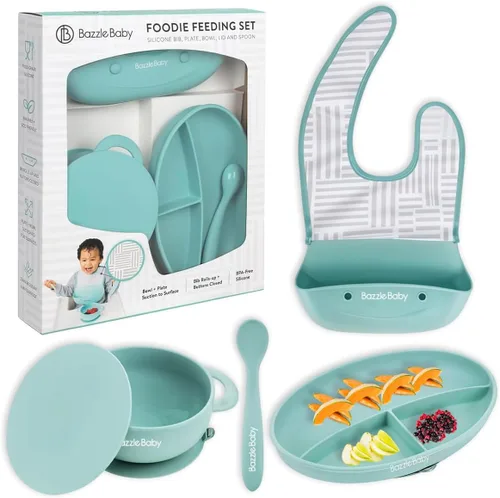 Bazzle Baby Foodie Feeding Set for babies - roll up bib suction plate, bowll