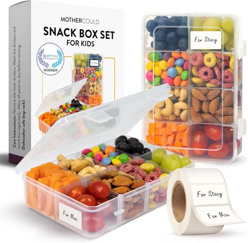 Vista 14 de Juego de 2 Recipientes para Aperitivos - Reutilizables, 100 Etiquetas Disolubles, 8 Compartimentos Ajustables, Apto para Lavavajillas, Sin BPA