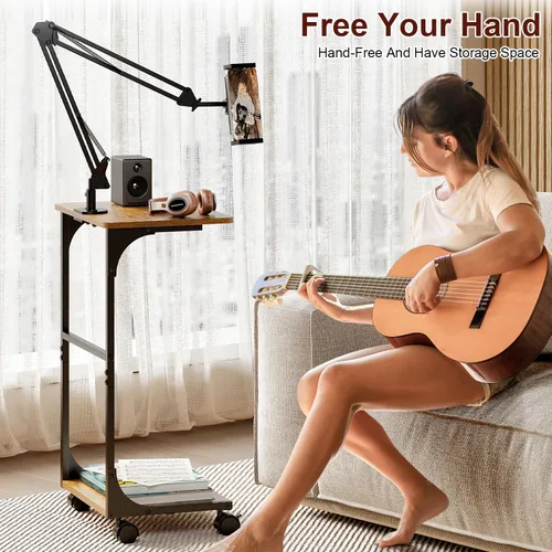 Vista 2 de Soporte de piso para tableta Kindle con estantes de almacenamiento de 2 niveles, altura de ángulo ajustable, soporte para iPad Tablet Kindle