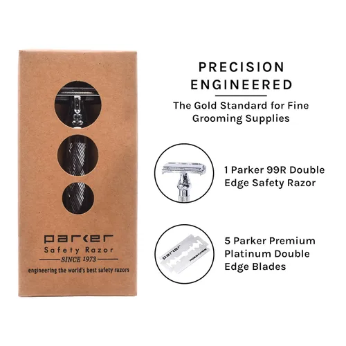 Vista 8 de Parker 99R Chrome Long Handle Heavyweight Butterfly Open Double Edge Safety Razor for Men 5 Parker Premium Platinum Double Edge Razor Blades