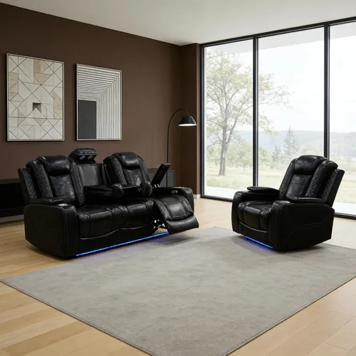 Vista 21 de Juego de sofá reclinable eléctrico para sala de estar, juego de sofá reclinable de pana con luces LED, puertos USB, almacenamiento oculto, juego
