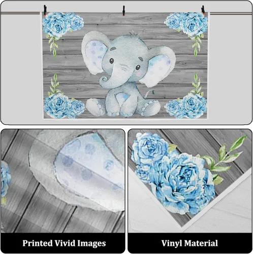 Vista 2 de AOFOTO - Fondo decorativo para baby shower, de vinilo, elefante azul