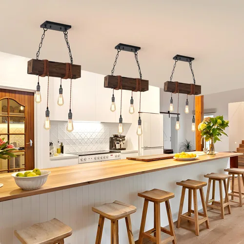 Vista 6 de KEESFU 4 luces colgantes de granja para isla de cocina, luz colgante de techo de madera rústica, altura ajustable, lámpara de comedor para isla