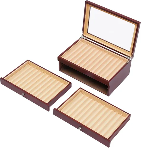Vista 5 de 3 Layer Wood Pen Display Box, 34 Slot Wood Pen Display Organizer with Visible Glass Lid, Red Fountain Pen Storage Box for Desk, Study, Living Room