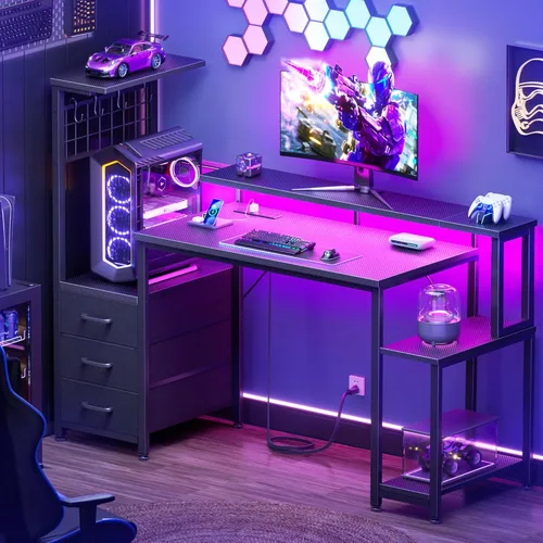 Vista 7 de Korfile - Escritorio para juegos de 48 pulgadas con luces LED y tomas de corriente, escritorio para computadora con cajones de tela y gancho