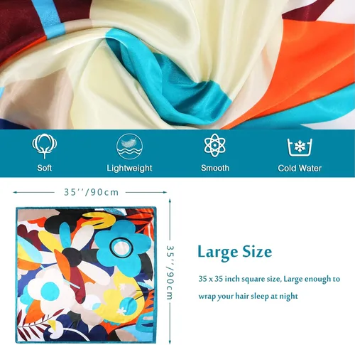 Vista 2 de vimate 35" Square Silk Like Head Scarf - Women's Fashion Silk Feeling Scarf for Hair Wrapping and Sleeping at Night.