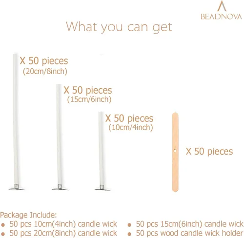 Vista 3 de BEADNOVA Juego de mechas de velas, 150 mechas de algodón con 50 soportes de madera, dispositivo de centrado para hacer suministros de bricolaje