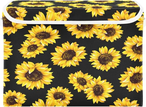 Vista 2 de Large Collapsible Storage Bins with Lids, Sunflower Black Storage Baskets Organizer Containers with Handles for Clothes