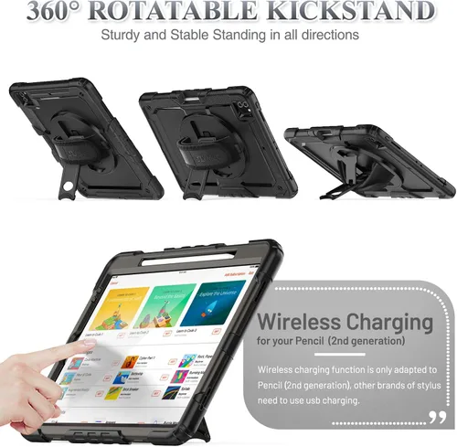 Vista 4 de SEYMAC stock Funda para iPad Pro de 12.9'' 2022/2021/2020/2018 con protector de pantalla giratorio 360 y correa de mano, funda a prueba de caídas