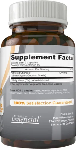 Vista 2 de PURELY beneficial Carbón de coco activado 1200 mg, 180 cápsulas - Pastillas para el sistema digestivo, hinchazón, vegano (1 botella)