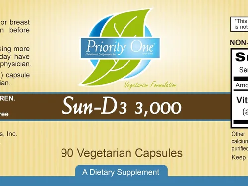 Vista 2 de Priority One Vitaminas Sun D3 3,000 90 Cápsulas Vegetarianas - La Forma Más Biodisponible de Vitamina D (colecalciferol).*