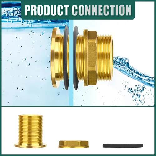 Vista 5 de 1 conector de tanque de agua de latón, 1 pulgada NPT hembra 1-1/4 pulgadas NPT macho, adaptador de tanque de mamparo, con anillo de goma