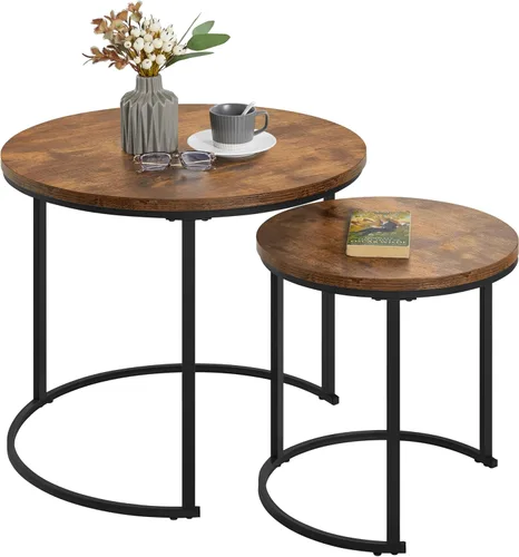 Vista 10 de Yaheetech Juego de 2 mesas auxiliares anidables, mesas auxiliares apilables rústicas, juego de mesa auxiliar anidable con mesa redonda de madera