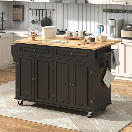 Vista 9 de Isla de cocina rodante de 55" de ancho con hoja abatible – Carritos de cocina móviles sobre ruedas, isla con gabinete de almacenamiento, mesa isla