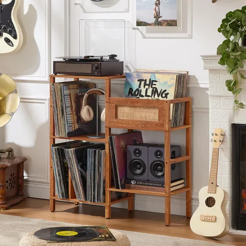 Vista 8 de LELELINKY Soporte para Tocadiscos, Soporte para Discos de Madera Marrón con Almacenamiento de Vinilo con Capacidad para hasta 300+ Álbumes, Mesa