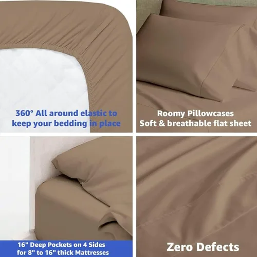 Vista 5 de Juego de sábanas de 600 hilos, 100% algodón suave de grapas largas, 4 piezas, tamaño matrimonial, suave tejido de satén, colección de ropa de cama
