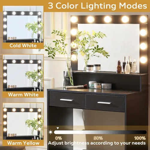 Vista 17 de MIRROTOWEL Escritorio de tocador de 47.5 pulgadas con espejo grande, 3 modos de iluminación de color, brillo ajustable, cómoda con 3 cajones y 2