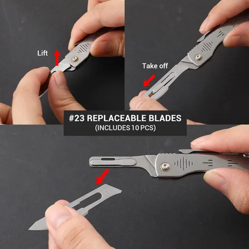 Vista 6 de ITOKEY Cuchillo de bisturí plegable, cuchillo de bolsillo de bisturí, bisturí quirúrgico con 10 cuchillas de afeitar reemplazables #23, abridor