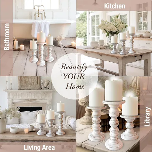 Vista 5 de Portavelas grandes para velas de pilar (juego de 3 piezas) altos de madera rústica para velas de pilar de 4 pulgadas de ancho, decoración moderna