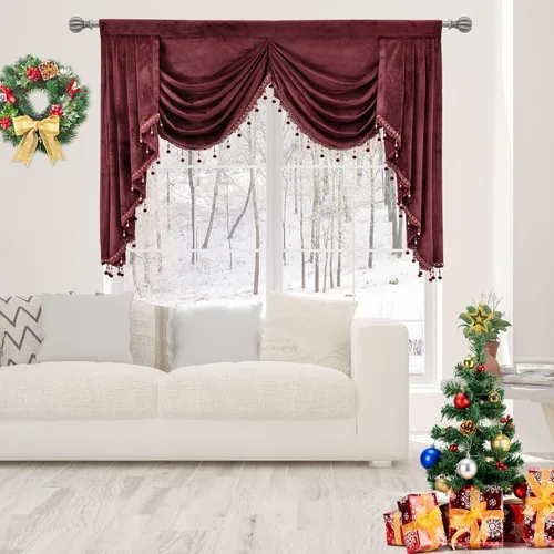 Vista 27 de Toppers Beige de Cortinas de Ventana para Sala de Estar - Cenefa de Cascada de Terciopelo para Dormitorio (1 Panel, 39 Pulgadas de Ancho, Marfil)