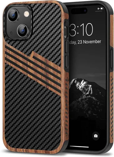 Vista 22 de TENDLIN Compatible con Funda para iPhone 15, Funda de Madera con Textura de Fibra de Carbono, Diseño Híbrido de Cuero Delgado (Negro)