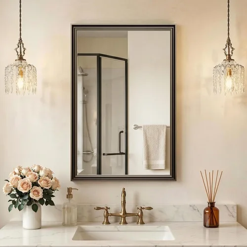 Vista 27 de Espejo de Pared Enmarcado con Efecto de Madera de Roble, Espejo Rectangular de 16x20, Vidrio Templado Anti-desplatado de 1/8", Marco Sostenible