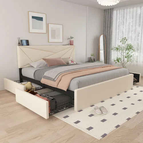 Vista 7 de Base de cama de tamaño matrimonial con 4 cajones y cabecera ajustable, plataforma tapizada con estación de carga tipo C y puerto USB, construcción