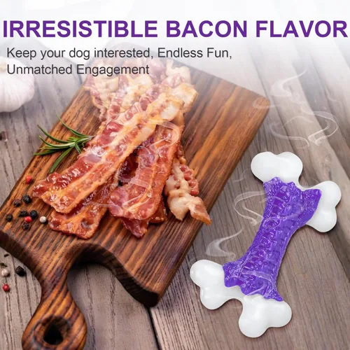 Vista 7 de Juguetes duros para perros masticadores agresivos de raza grande y mediana con sabor a tocino, juguete de hueso para perros, de nailon resistente