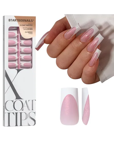 BTArtboxnails XCOATTIPS uñas postizas con punta francesa - Uñas postizas largas cuadradas con base de purpurina rosa, 90 piezas de puntas de uñas de