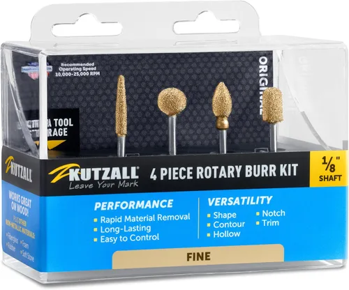 Kutzall Kit de fresas rotativas de 4 piezas - Eje de 1⁄8", Fino - Brocas de tallado de madera para Dremel, Foredom, Ryobi, DeWalt, Milwaukee Tools -