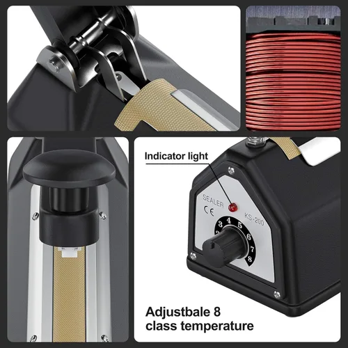 Vista 4 de Sellador de bolsas de impulso de 8 pulgadas, máquina selladora térmica manual para bolsas de plástico, 2 kits de repuesto incluidos, negro..