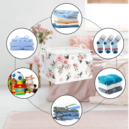 Vista 6 de Clastyle Cesta de regalo de niña floral rosa rectangular vacía con rosas y flores, cesta de almacenamiento para ropa de bebé, juguetes para libros