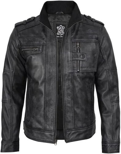 Vista 2 de Decrum Chaqueta de cuero real para hombre - Chaquetas de cuero casuales estilo Cafe Racer para hombres