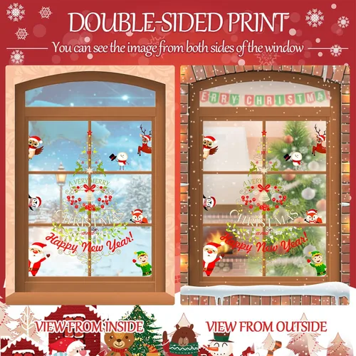 Vista 6 de Calcomanías de pared para árbol de Navidad, calcomanías de pared de vinilo de Navidad, copos de nieve, renos, extraíbles para ventana, citas