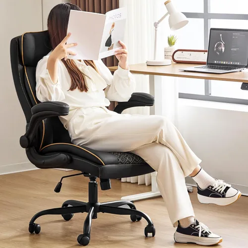 Vista 6 de Silla de oficina ejecutiva de cuero, silla de escritorio para computadora con soporte lumbar, cómodas sillas de oficina en casa, 400 libras con Negro