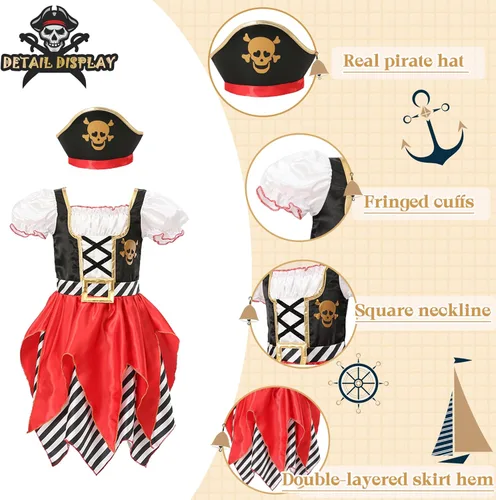 Vista 7 de Lingway Toys Disfraz de lujo de pirata para niñas, vestido de princesa bucanera para niños Perfect for Halloween & School Pirate Day & Cruise Pirate