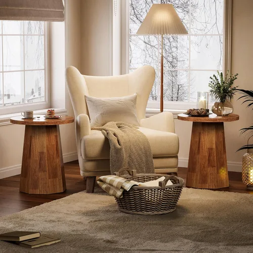 Vista 9 de Tribesigns Mesa auxiliar redonda de granja, mesa auxiliar de madera con base octogonal, mesita de noche marrón rústica, muebles de pedestal